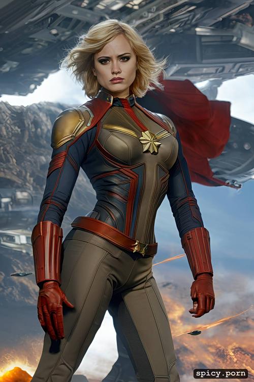 short blonde pixie cut, floating in the air, sun, captain marvel