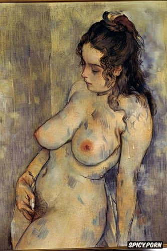 chubby belly, cézanne oil painting, victorian gown, egon schiele