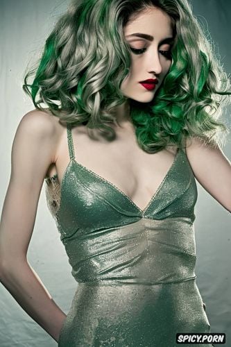 goth, natalia dyer, dyed green hair, ultra realistic, hdr, silver medium length curly bob and dyed green bangs