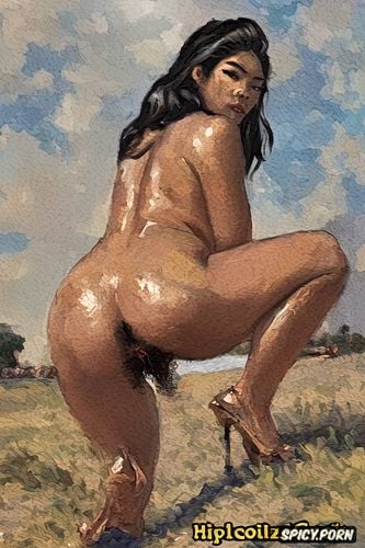 shows clitoris, big ass detailed vagina, long legs oiled, tan skin