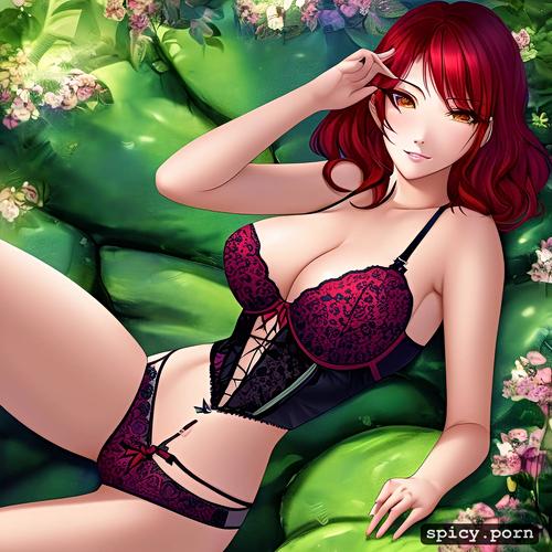 fit body, asian lady, red hair, tall, lingerie, solid colors