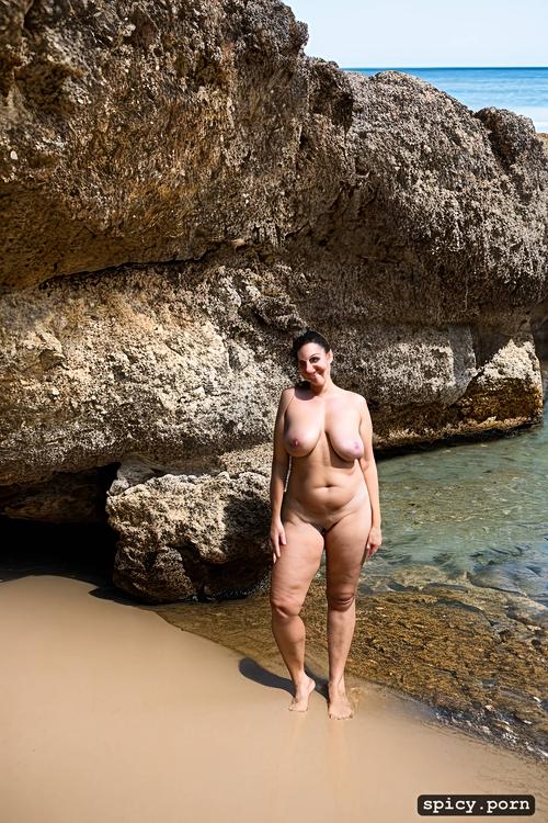 thick hour glass figure, smiling, massive natural melons, rocky algarve beach