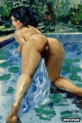 small breasts, dark ominous atmosphere, wide hips, cézanne painting