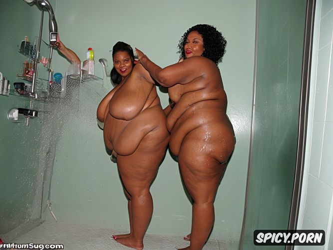 full body photogenic shot, chubby jiggly nude woman standing in the shower with her hands on her hips