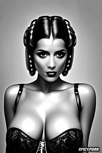 ultra realistic, princess leia star wars beautiful face young slutty black lace lingerie small perky natural breasts