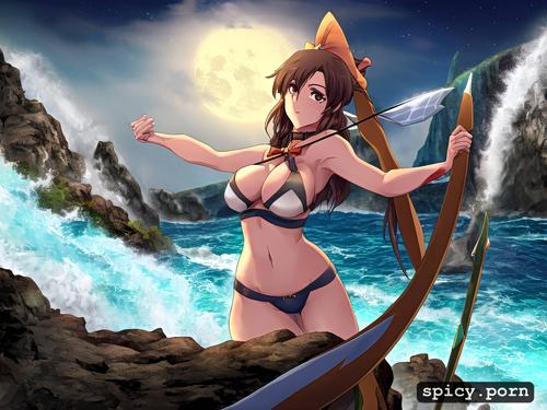 beautiful brown hair woman, one eye brown, standing scantily clad with bow and arrow in moonlight