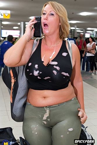 looking at viewer, tanktop with deep cleavage, sucking dick in crowded airport