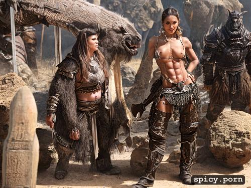 slim body, big tits, surrounded by monsters, tanned skin, orc environment