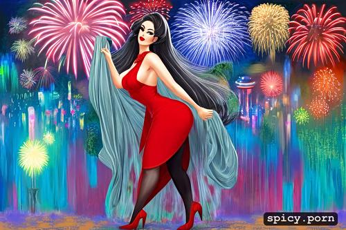 patriotic, side slit, flowing hair, dress, playful, fireworks