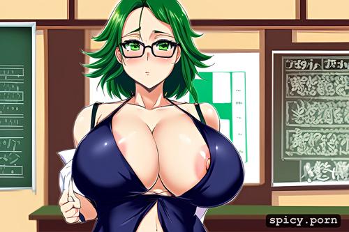glasses, 60 years old, chubby body, japanese woman, green hair