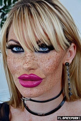 freckles, botox lips, hyper glossy mirrored lip, huge pumped up balloon lips