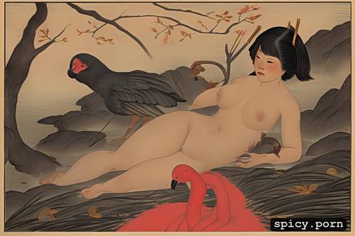 one bird, hairy pussy, one nude asian woman falling from sky