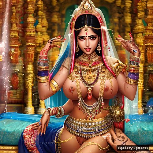 hindu temple, urine spraying out like shower, husband fondling her extremely large breasts