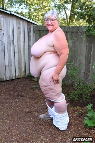 topless, wearing white see through long briefs, an old fat woman naked with obese ssbbw belly