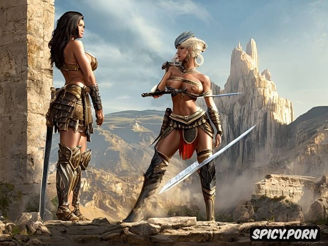 spartan female warrior, athletic body, sword, long legs, elegant