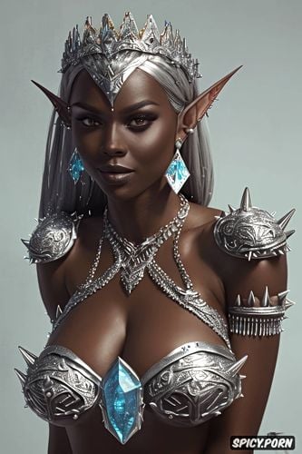 masterpiece, k shot on canon dslr, fantasy princess high elf beautiful face ebony skin tone short spikey silver hair tattoos royal elven armor tiara topless tits out castle