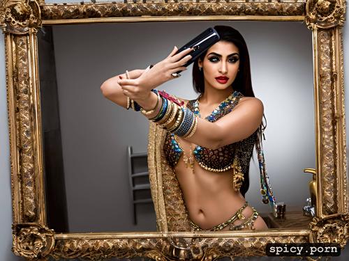 white background, hd, a picture by ambreen butt, sensual, a woman taking a selfie in a bathroom mirror