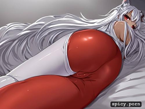 white leggins, bedroom, skinny, long white hair, cat woman, anime