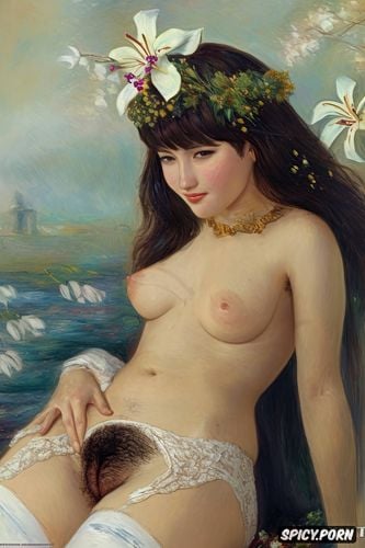 hairy pussy, impressionist painting, with a white flowers around her head and hairs