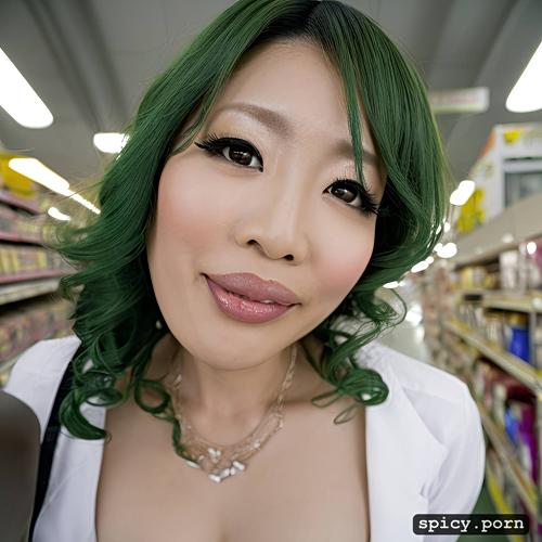 in supermarket, green hair, makeup, pretty face, japanese woman
