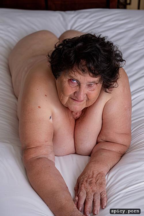 naked, natural light, super obese old granny, lying in a small bed