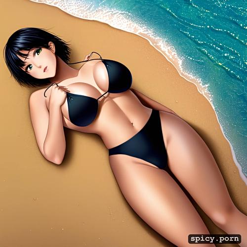 soft natural lighting, leica 50mm, on the beach in a black bikini