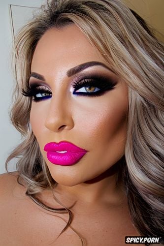 pink lipstick, eye contact, tongue, slut makeup, face closup