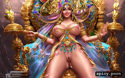 hairy vagina, pierced clitoris, wide hips, full body view, hindu temple