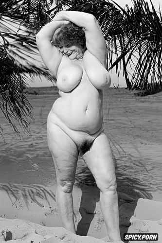 looks like lucy collett, beach, voluptuous granny, smiling, full body view