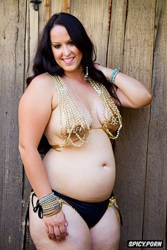 gigantic natural boobs, colored beads and pearls, long dark wavy hair