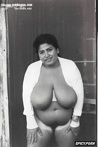 a photo of a person, she is short, she is totaly naked, she has a big obese plump belly and shrink boobs