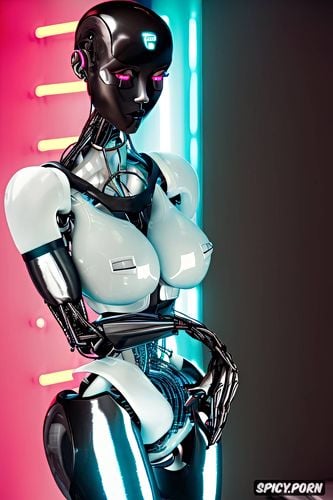 sex robot1 4, oiled shiny tits, clit pussy, dark black and neon background1 3