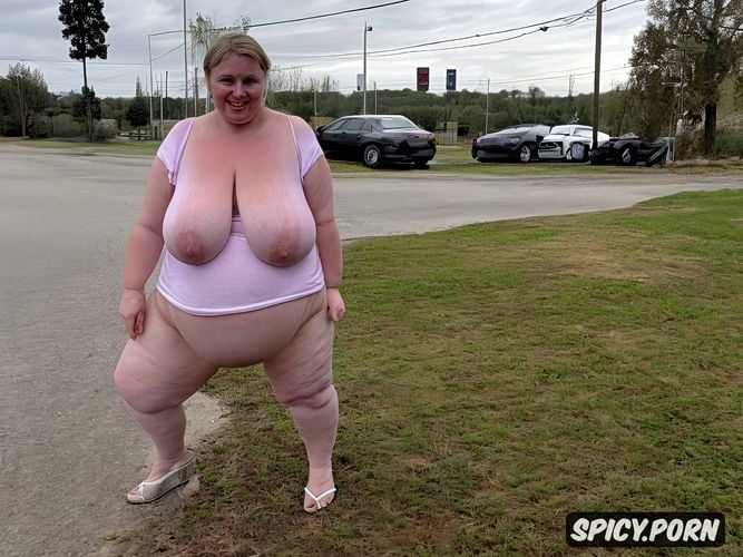 worlds largest most saggy breasts, fat cute face, standing straight in polish village streets with people in backround