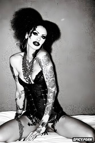 whore, skank, big hair, tattoos, dark, piercings, methhead, witchy