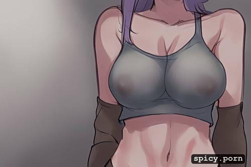 purple eyes, style pencil, tanktop with underboob and short shorts