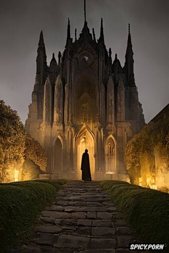 haunted abbey ruin at night, some meters away, realistic, haunting human skeleton