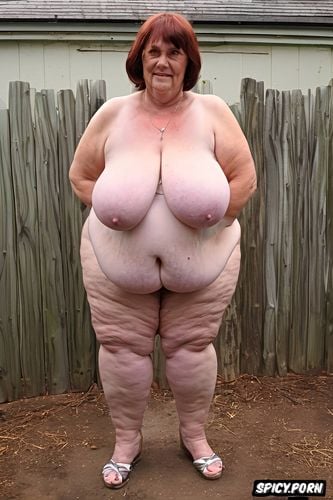 pale, color photo, mega wise hips, old mature woman, extremely sagging wide apart heavy massive floppy tits