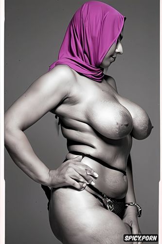 naked in simple magenta hijab, massive drop tits, oiled, iranian mature