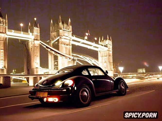 standing in london tower bridge, isometric view, front end is a old vw beetle