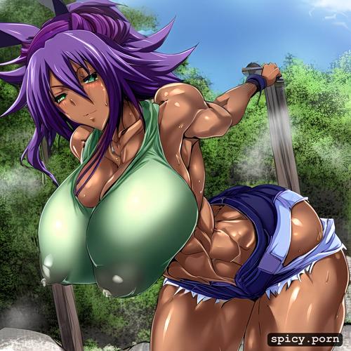 purple hair, sweaty, bleach anime, hentai, muscular body, massive breasts