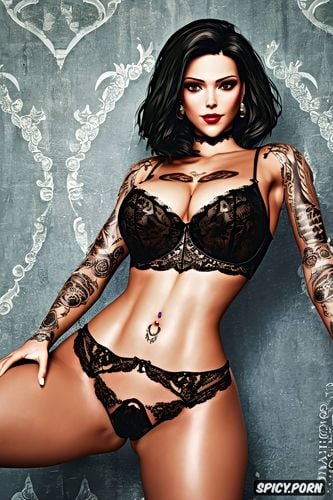 tattoos masterpiece, ultra detailed, elizabeth bioshock infinite beautiful face milf tight low cut black lace lingerie
