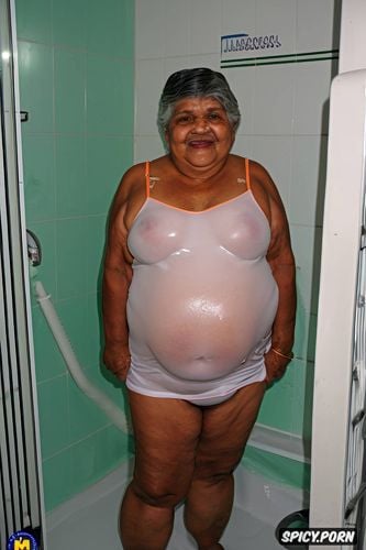 visible pussy, thick, she smile, flabby loose belly skin, wearing a wet sleeveless loose coton light pink night gown and shorts