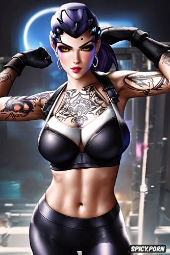 widowmaker overwatch beautiful face young full body shot, tattoos small perky tits tight white sports bra and black leggings masterpiece