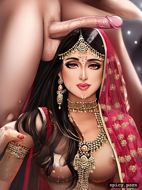 cum slut, sexy indian bride with long dark hair, and bangs standing in heaven where bride do blowjob to the daemon having 5 head