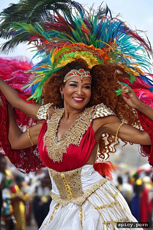 color portrait, beautiful smiling face, long wavy hair, 67 yo beautiful white caribbean carnival dancer