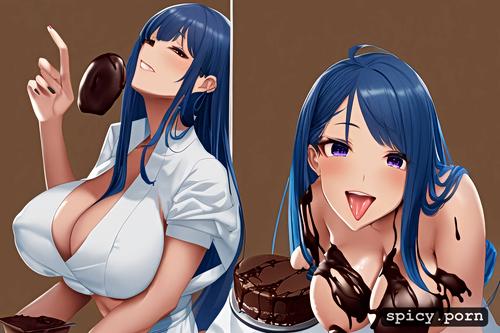 blue hair, breasts covered in chocolate, chubby body, sharp focus