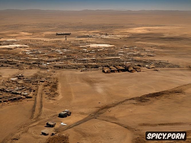 abandoned buildings in the background covered in sand, mad max landscape