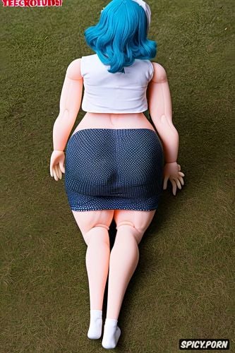 sex doll, bulma briefs, blue hair, tongue out, chubby milf, presenting hindquarters