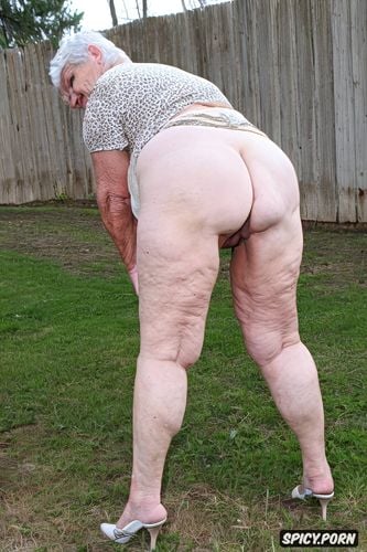 very old granny, shaved, open legs, open butt, rear view, bbw