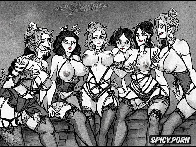 corsets, people swing dancing, happy face, looking horny heavy natural exposed boobs